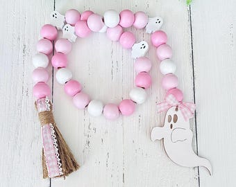 Ghost Halloween Garland, Pink Ghost Decor, Fall Farmhouse Wood Beads Garland, Pink Halloween Coffee Bar Decor, Pink Halloween Tier Tray