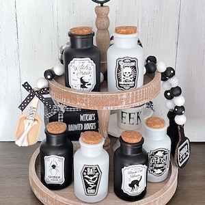 Halloween Tiered Tray Decor, Apothecary Potion Bottles, Fall Decor, Poison Bottles, Witch’s Brew, Farmhouse Decor, Halloween Potion Bottles