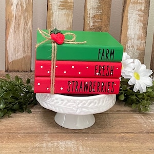 Strawberry Mini Wood Book Stack, Strawberry Decor, Farmhouse Tiered Tray Decor, Wooden Books, Farm Fresh Strawberries, Summer Decor