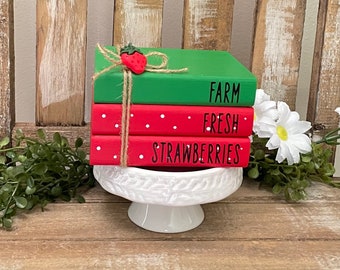 Strawberry Mini Wood Book Stack, Strawberry Decor, Farmhouse Tiered Tray Decor, Wooden Books, Farm Fresh Strawberries, Summer Decor