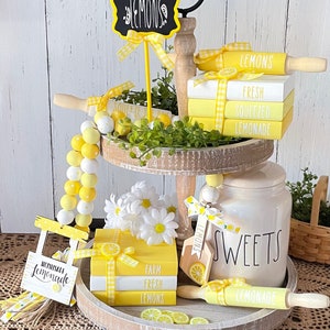 Farmhouse Lemon Tiered Tray Decor, Lemon Decor, Lemon Wood Beads Garland, Lemon Garland, Wood Rolling Pin, Mini Wood Books, Lemon Books