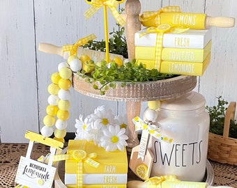 Farmhouse Lemon Tiered Tray Decor, Lemon Decor, Lemon Wood Beads Garland, Lemon Garland, Wood Rolling Pin, Mini Wood Books, Lemon Books