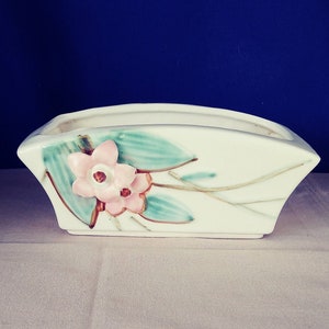 Vintage Mc Coy Ceramic Planter white with sculptural pink flower design.