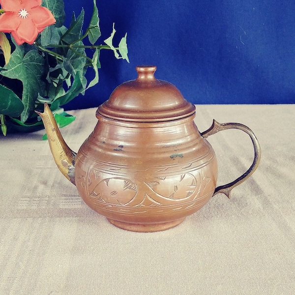 Vintage India Brass Tea Pot with Copper Spout and Handle.