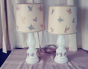 Vintage Milk Glass Butterfly Lamps: Mid Century Table Lamp Set