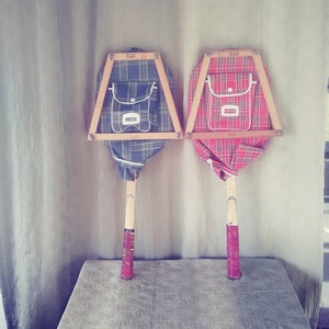Vintage Tennis Racket Set with Plaid Covers and Wood Gaurd. Mid Century Tennis Rackets. Tennis Decor.