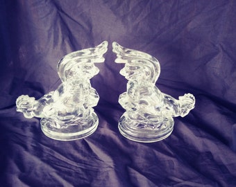 Vintage Glass Rooster Bookends. Fighting Clock Bookends. Mid Century Bookends.