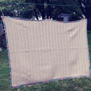 Vintage Hand Crocheted Afghan with Pastel Border. Handmade Afghan Blanket 60 by 42 inches.