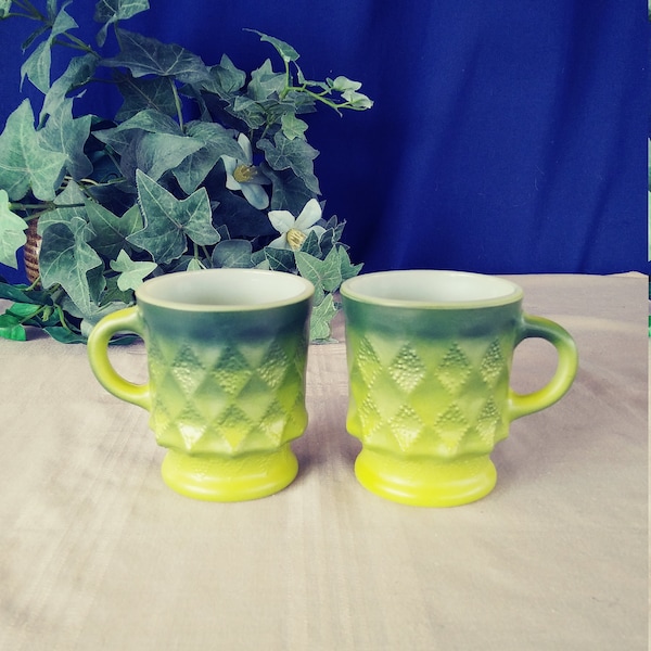 Vintage Anchor Hocking Kimberly Green Diamond Pattern Coffee Mug Set of 2.