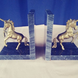 Vintage Brass Unicorn Bookends. Marble and Brass Bookends.