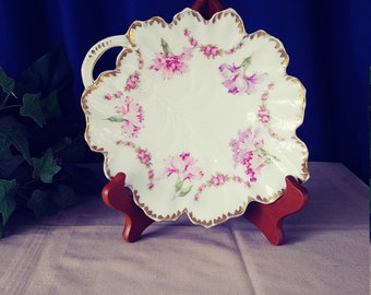 Vintage Germany made Porcelain Dish in a leaf shape with hand painted carnations.