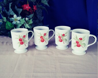 Vintage Pedestal Coffee Mugs with Hand painted Cherry Design. Matching Mug Set.