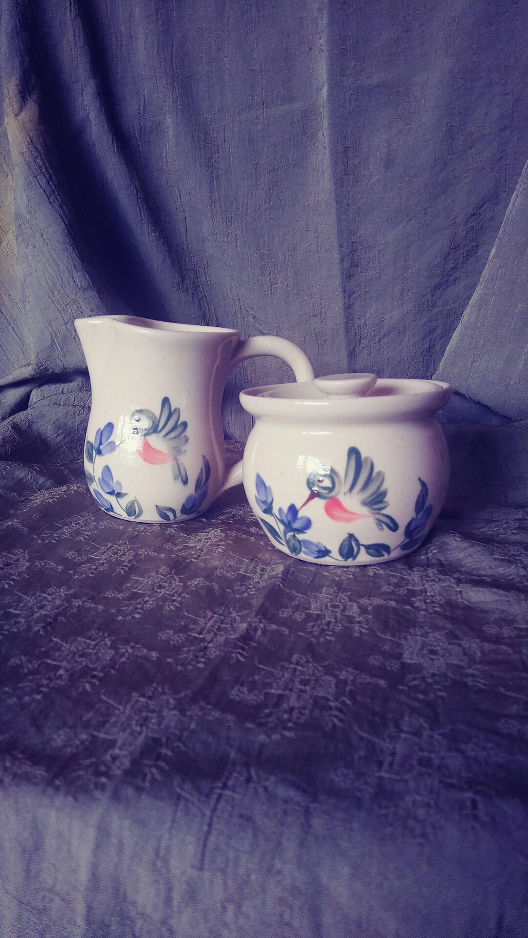 Handmade Pottery Cream and Sugar Set: Vintage Hummingbird Decor