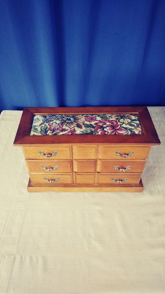 Vintage Wood Jewelry Box with Tapestry Top.