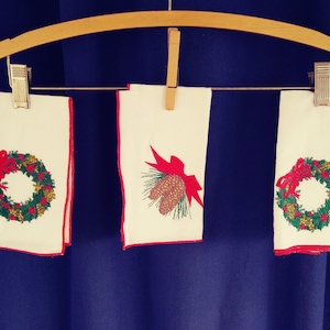 Vintage Christmas Napkin Set of 3. Embroidered Cloth Holiday Napkin Set.