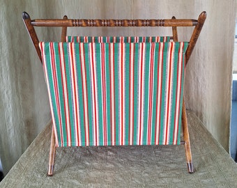 Vintage Folding Fabric Sewing Basket.  Wood Frame Knitting Basket.