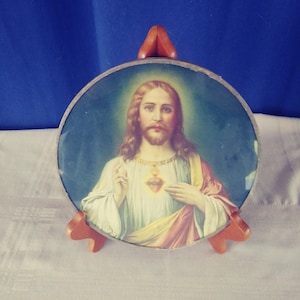 Antique Sacred Heart Jesus Wall or Table top Art.