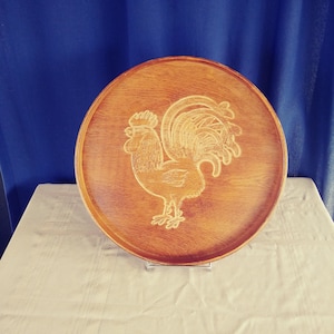 Vintage Carved Wood Serving Tray. Rooster Tray. Kitchen Chicken.
