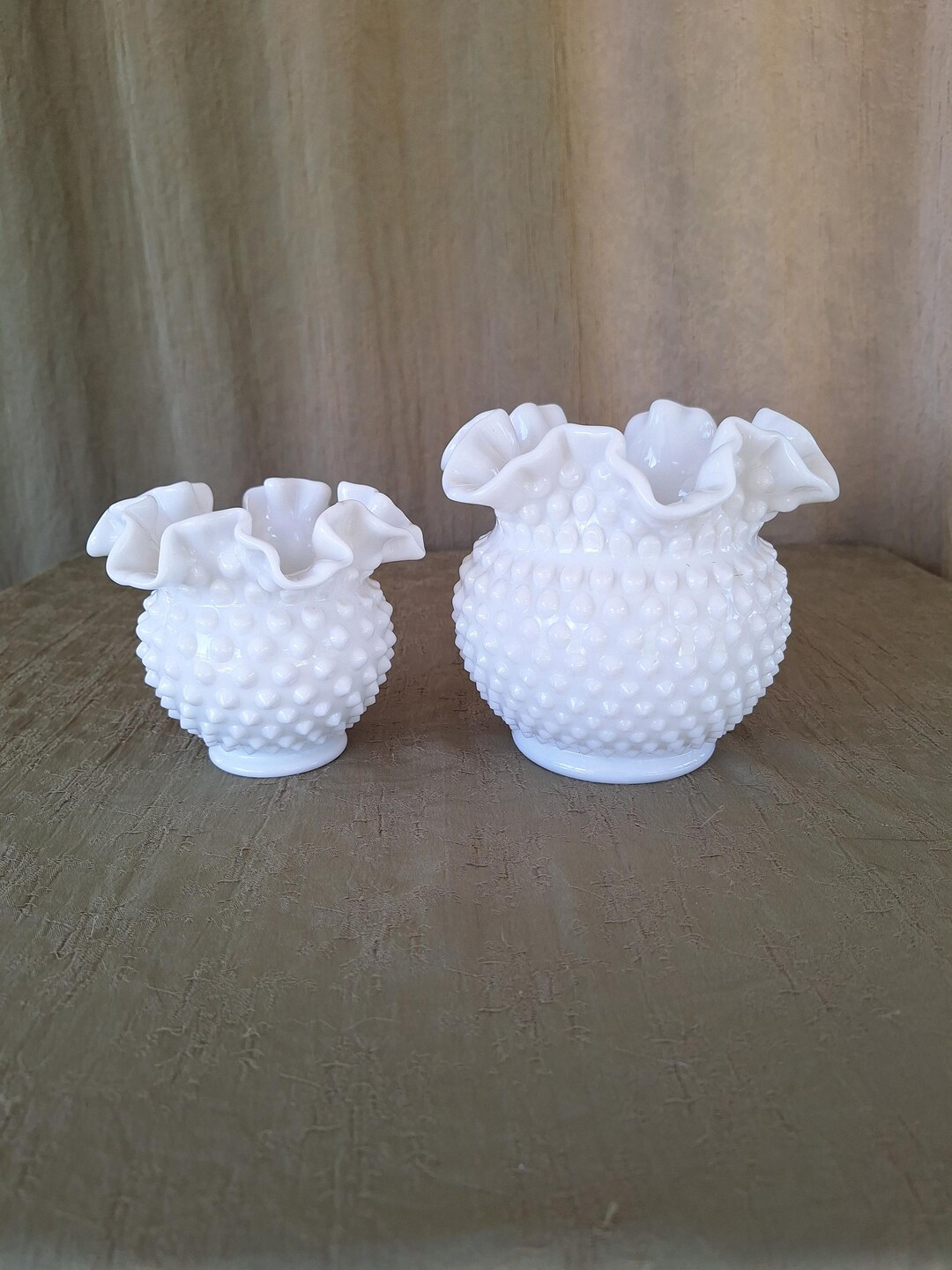 Vintage Fenton Hobnail Milk Glass Vases: Ruffled Edge Set - Etsy