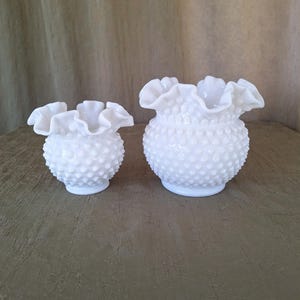 Fenton Hobnail Milk Glass Vases. Ruffle edged Fenton milk glass. Vintage Fenton Glass.