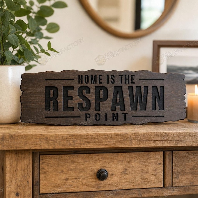 Solid pine wall sign stained in Ebony with laser-engraved text “Home Is the Respawn Point,” a gaming-inspired home quote for a family room, entryway, or game room.