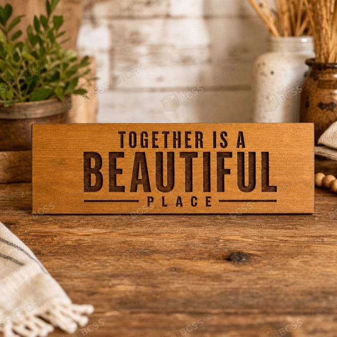 Laser-engraved wedding sign reading 'Together Is A Beautiful Place' on solid pine wood in golden pecan stain.