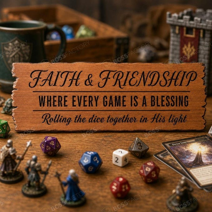 Laser-engraved Board Games Sign featuring faith and friendship themes, designed for game rooms.