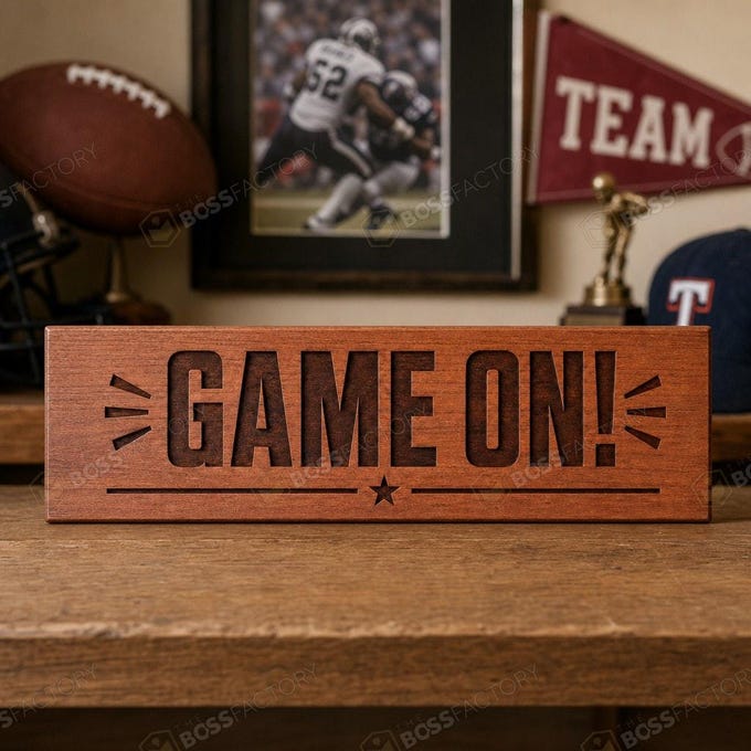 Laser-engraved wood sign featuring 'Game On!' in bold text, available in various sizes and stain colors.