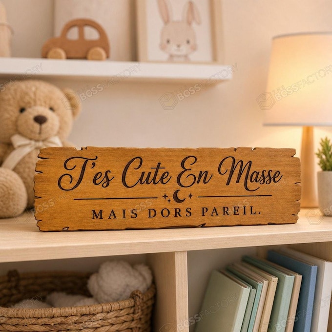 Solid pine nursery wall sign shown in Golden Pecan stain, laser engraved with “T’es Cute En Masse / Mais dors pareil.” for a kids room or baby nursery.