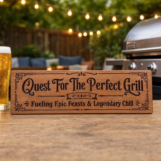 Laser-engraved BBQ sign displaying 'Quest For The Perfect Grill' and 'Fueling Epic Feasts & Legendary Chill' in red oak stain.