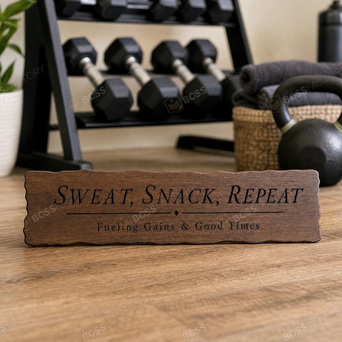 Laser-engraved gym sign with motivational phrases for fitness enthusiasts, showcasing a dark walnut finish.