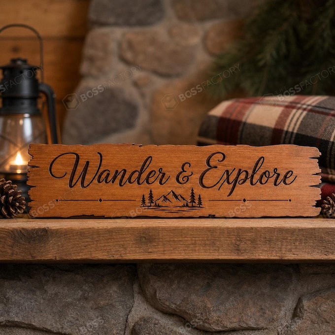 Laser-engraved wooden sign with 'Wander & Explore' text, ideal for camping or outdoor decor.