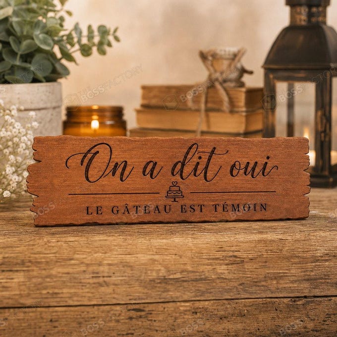 Solid pine wedding sign mockup with French laser-engraved text “On a dit oui” and “Le gâteau est témoin,” shown in Provincial stain for a cake table or reception display.