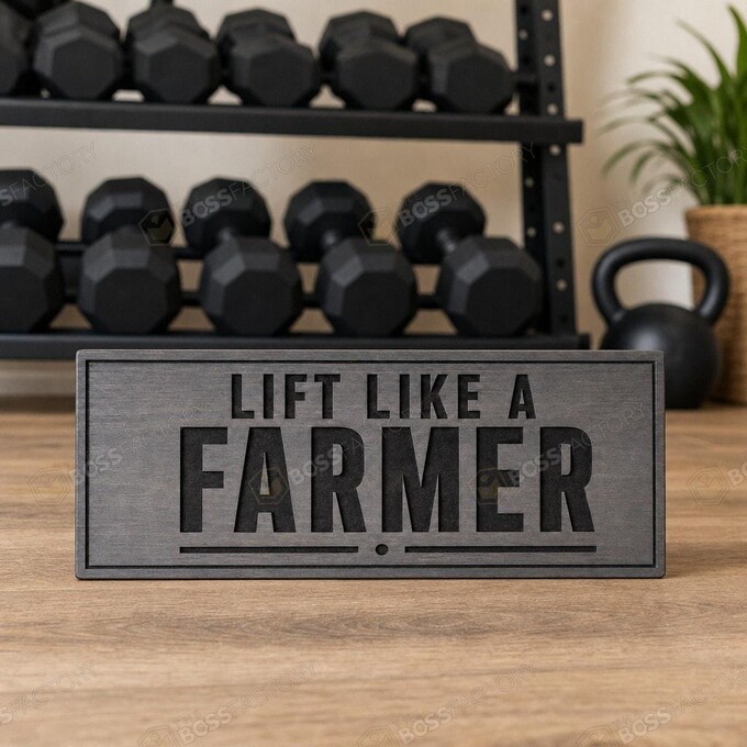 Laser-engraved gym sign 'Lift Like a Farmer' made of solid pine, showcasing motivational fitness decor.
