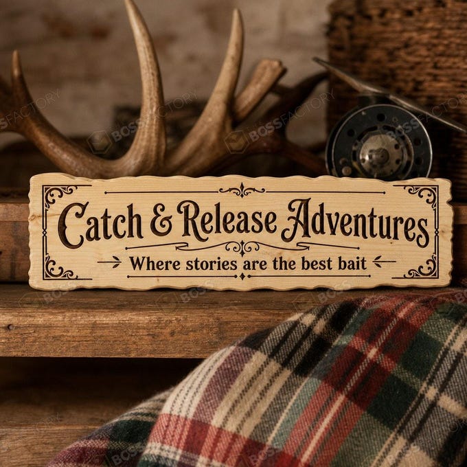 Laser-engraved hunting and fishing sign with phrases about outdoor adventures, shown in natural stain.