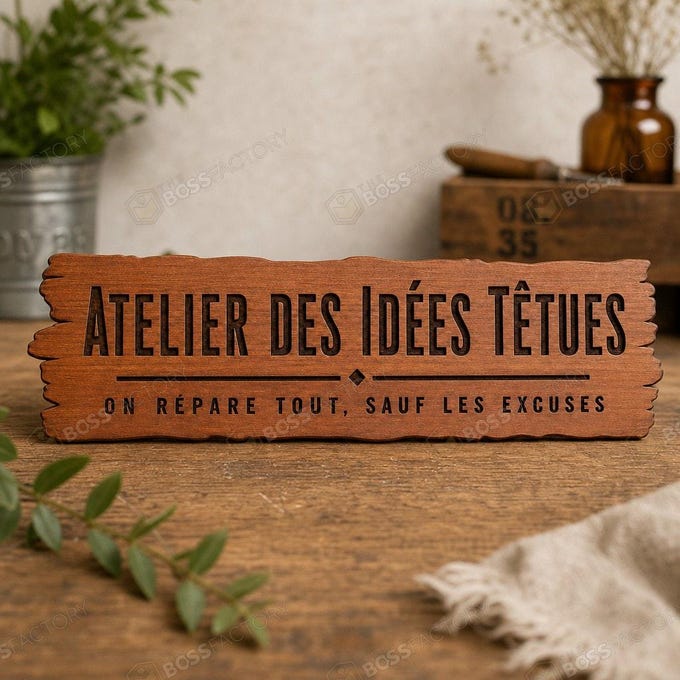 Laser-engraved solid pine French workshop sign reading Atelier des Idées Têtues and On répare tout, sauf les excuses, shown in Red Oak stain.