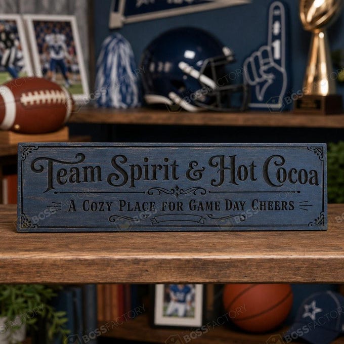 Laser-engraved sports team sign featuring cozy game day phrases, perfect for fans.