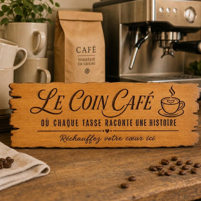 Panneau en pin gravé au laser avec le texte LE COIN CAFÉ, parfait pour une cuisine chaleureuse.