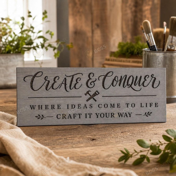Laser-engraved workshop sign with 'CREATE & CONQUER' and other phrases in classic grey stain.