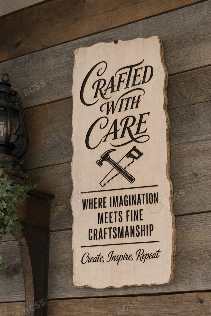 Laser-engraved workshop sign with motivational phrases on solid pine, showcased in Linen White stain.