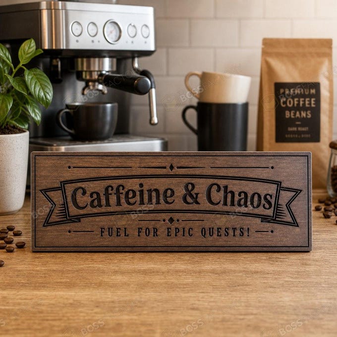 Laser-engraved coffee bar sign featuring 'Caffeine & Chaos' and 'Fuel for epic quests!' in dark walnut stain.