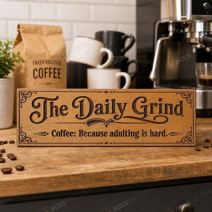 Laser-engraved coffee sign with humorous quote for kitchen decor.