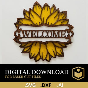 Segno di girasole / Assemblaggio multistrato e non assemblaggio / Girasole gancio / File tagliato al laser / Glowforge SVG / File AI / File SVG / Vettore