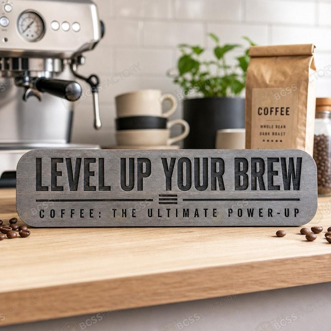 Laser-engraved coffee sign with the text 'Level Up Your Brew' and 'Coffee: The Ultimate Power-Up' on solid pine.