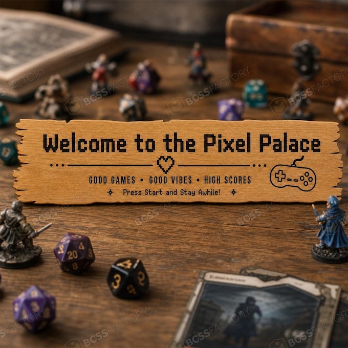 Welcome to the Pixel Palace laser-engraved solid pine wood sign mockup