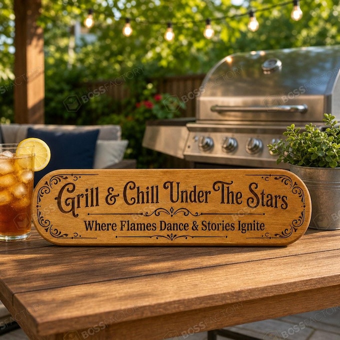 BBQ sign with laser-engraved text for outdoor grilling, available in various sizes and stain options.