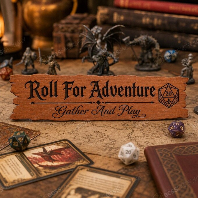 Laser-engraved gaming wall sign featuring 'Roll For Adventure' and 'Gather And Play' text on solid pine.