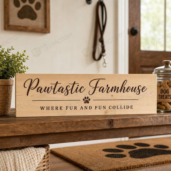 Laser-engraved wooden sign reading 'Pawtastic Farmhouse - Where Fur and Fun Collide' on a natural pine background.