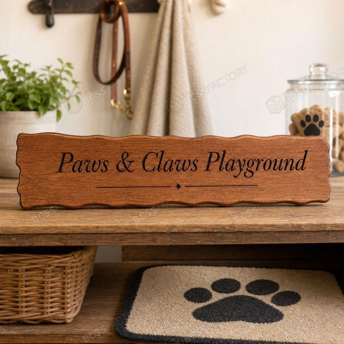 Laser-engraved Paws & Claws Playground sign on solid pine wood, showcasing pet-friendly outdoor decor.