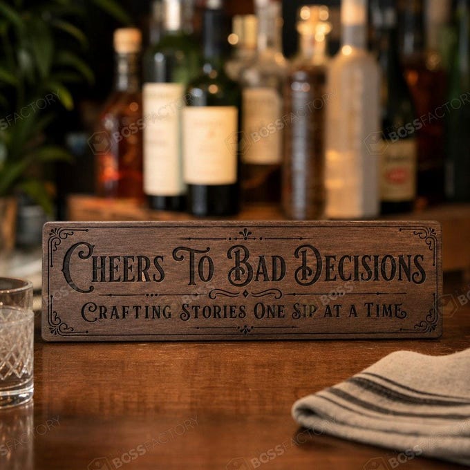 Laser-engraved home bar sign with 'Cheers To Bad Decisions' and 'Crafting Stories One Sip At A Time' phrases.